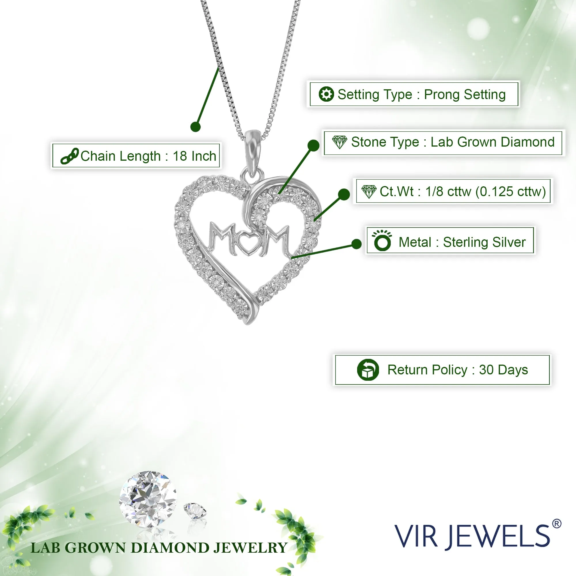1/8 cttw Lab Grown Diamond Mom Heart Pendant in Sterling Silver