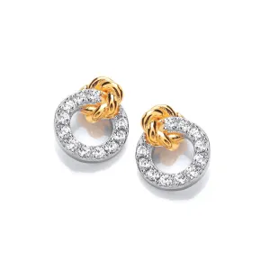 18ct Yellow Gold Plated & Sterling Silver, Cubic Zirconia Interlocking Circles Rope Twist Earrings