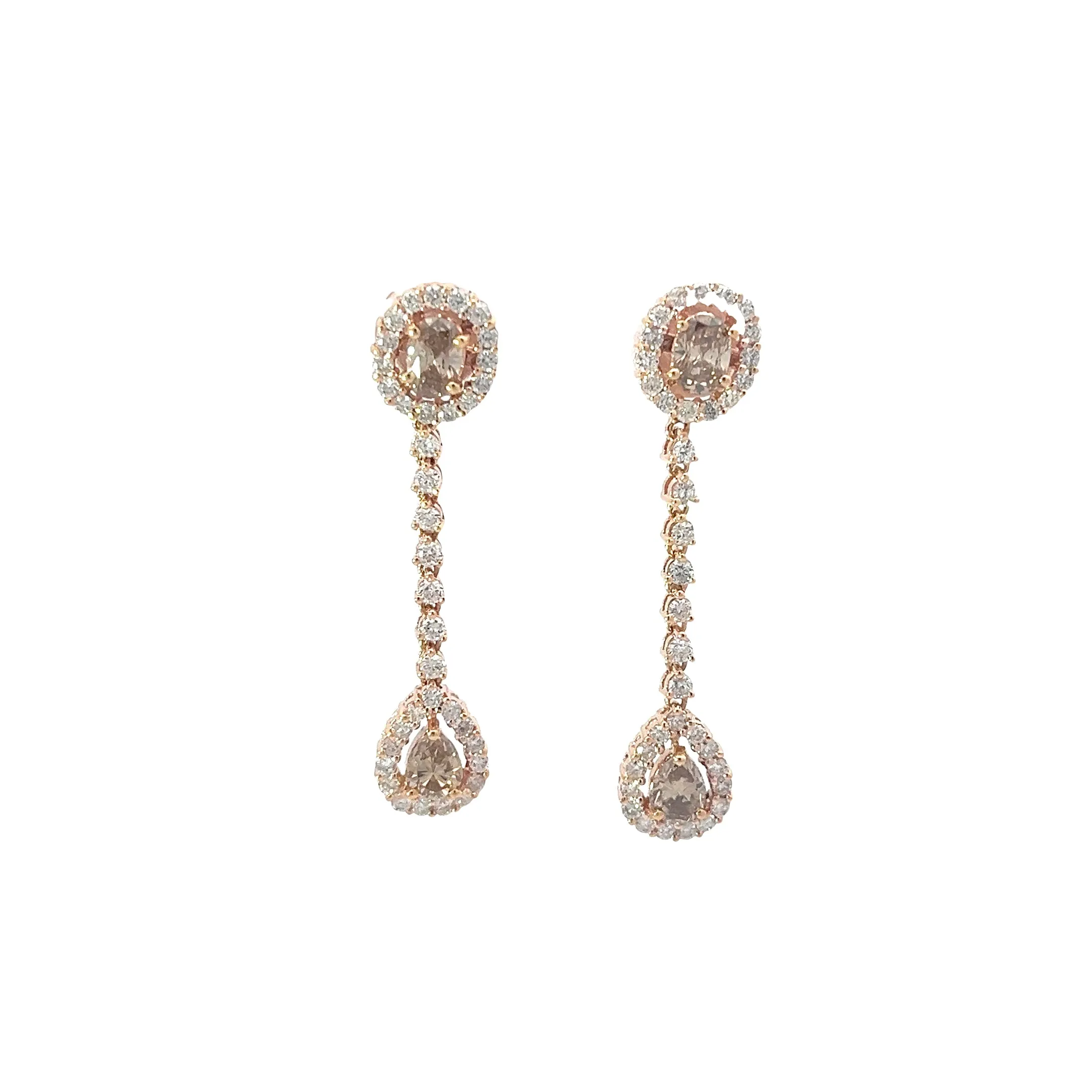 18k Rose Gold 3.22ct FVS2 Pear Shape, Oval and Round  Chocolate Diamond Hoop Earrings