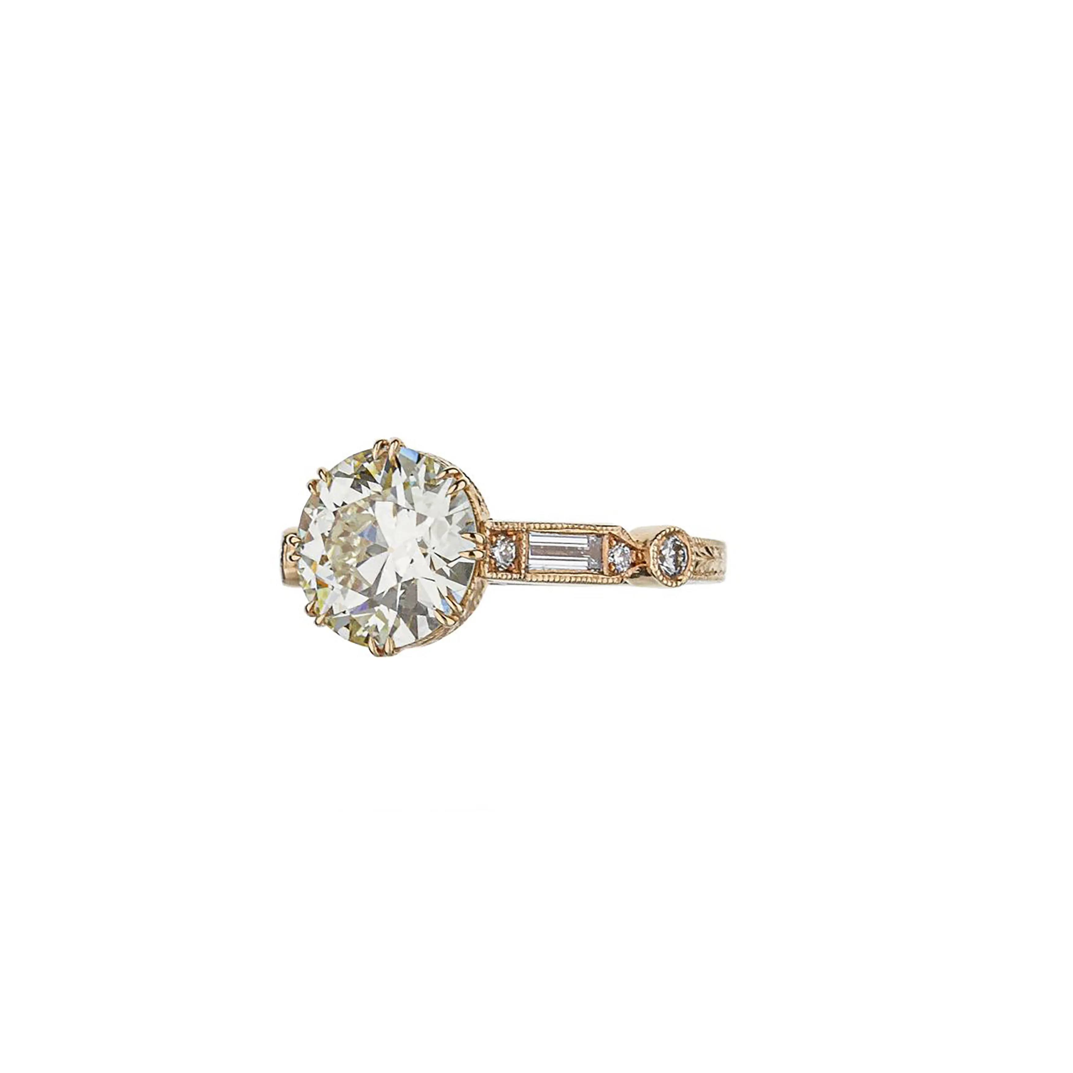 18K Rose Gold Brilliant Round Diamond Hand Engraved Engagement Ring