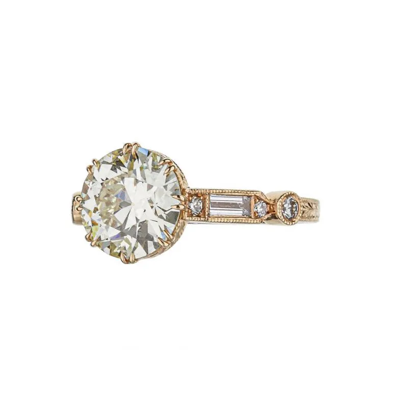 18K Rose Gold Brilliant Round Diamond Hand Engraved Engagement Ring