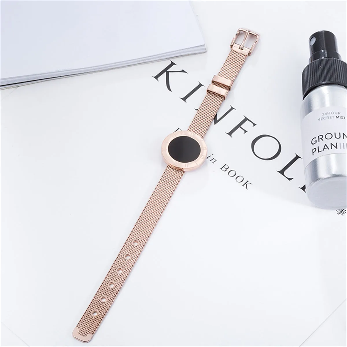 18K Rose Gold-Plated Roman Numberal Watch Belt Bracelet