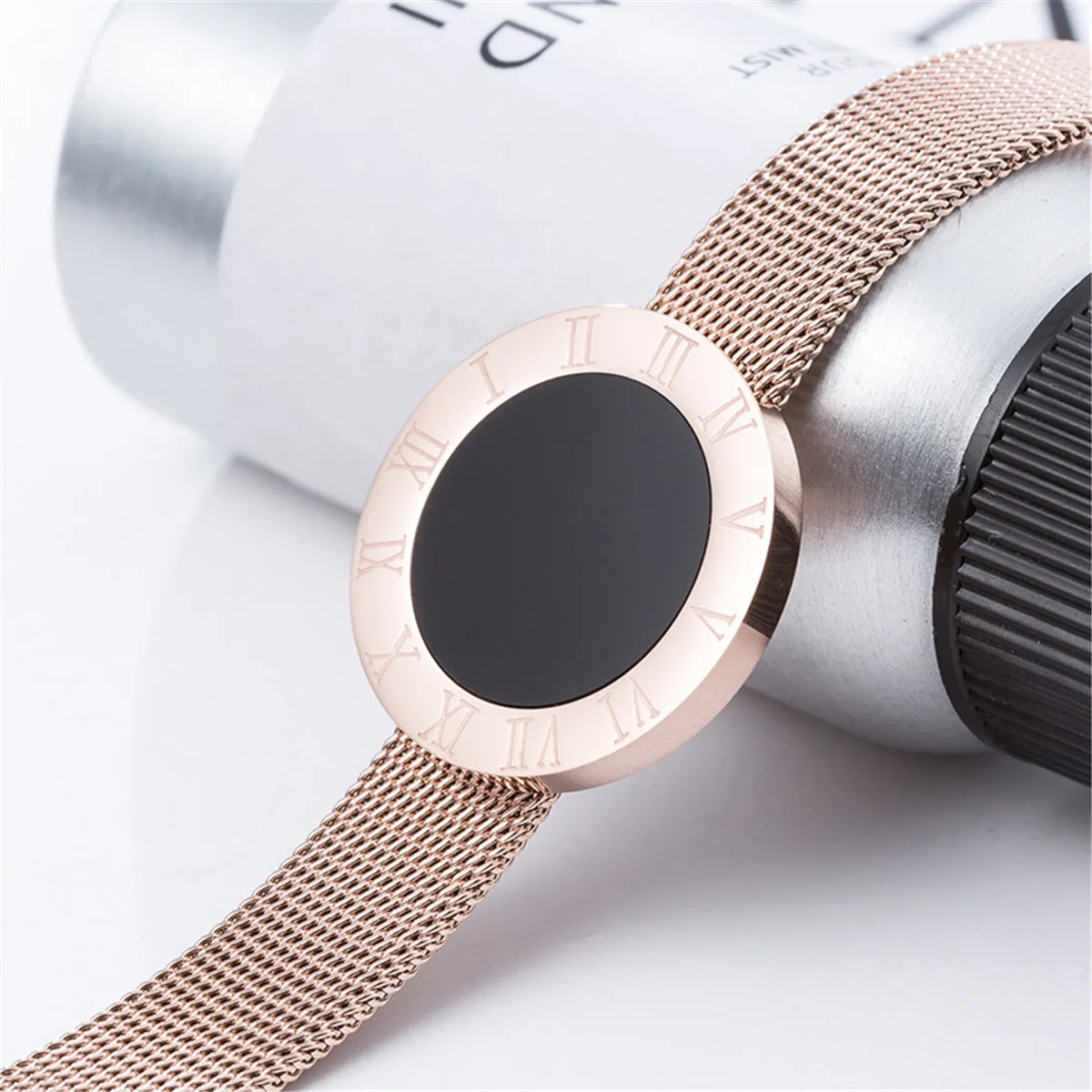 18K Rose Gold-Plated Roman Numberal Watch Belt Bracelet