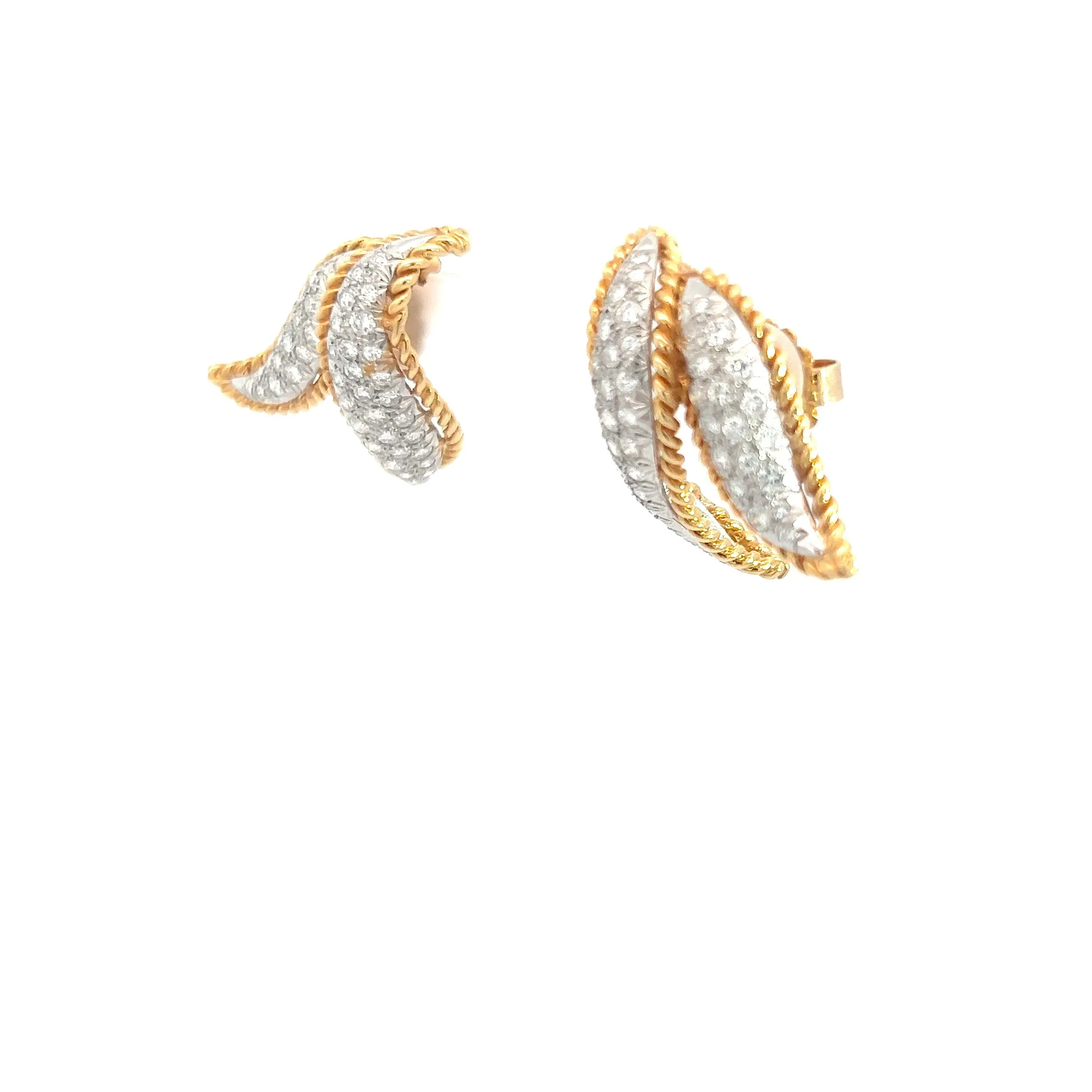 18k Two Tone 2ct F VS2 Round Diamond Vintage Leaf Earrings