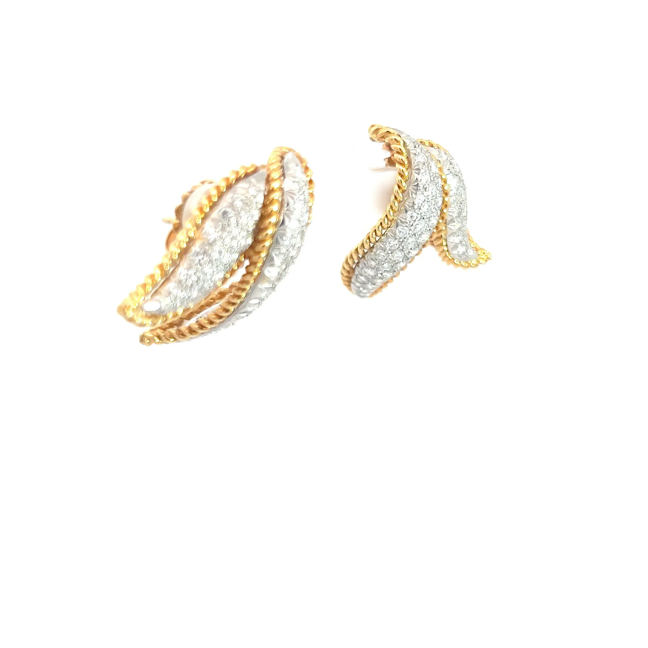 18k Two Tone 2ct F VS2 Round Diamond Vintage Leaf Earrings
