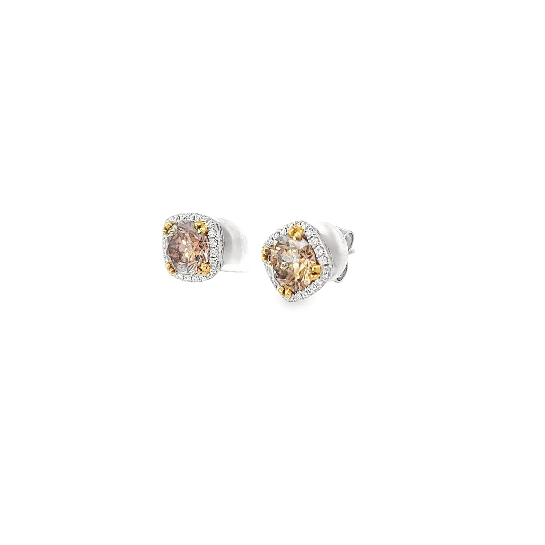 18k White Gold 2.82ct Fancy Yellowish Brown Diamond and .32ct G VS2 Round Halo Studs Earring Certified by GIA #2165509017 and 1162505889