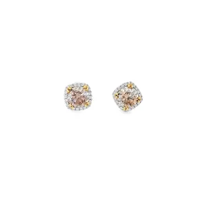 18k White Gold 2.82ct Fancy Yellowish Brown Diamond and .32ct G VS2 Round Halo Studs Earring Certified by GIA #2165509017 and 1162505889