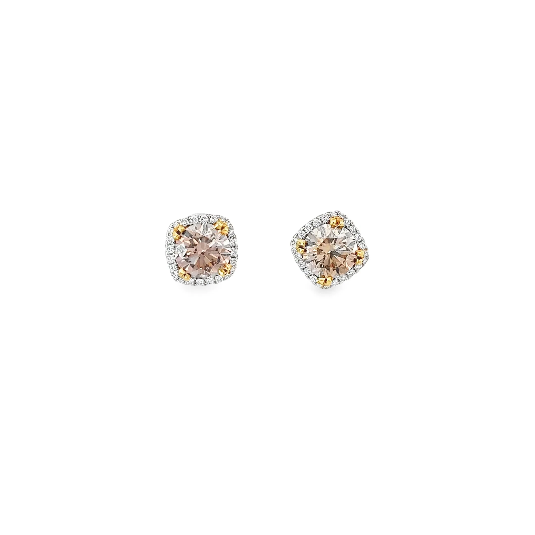 18k White Gold 2.82ct Fancy Yellowish Brown Diamond and .32ct G VS2 Round Halo Studs Earring Certified by GIA #2165509017 and 1162505889