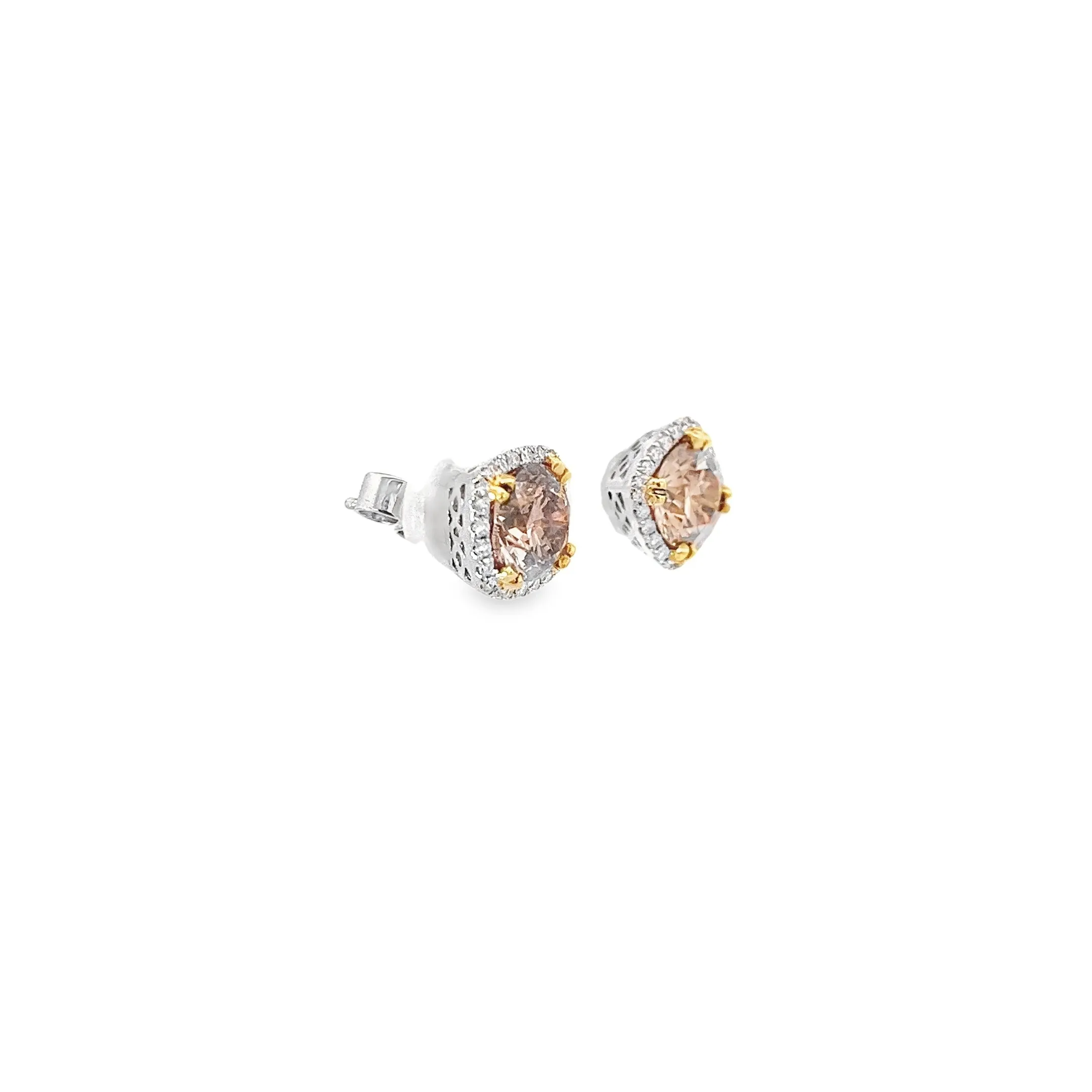 18k White Gold 2.82ct Fancy Yellowish Brown Diamond and .32ct G VS2 Round Halo Studs Earring Certified by GIA #2165509017 and 1162505889