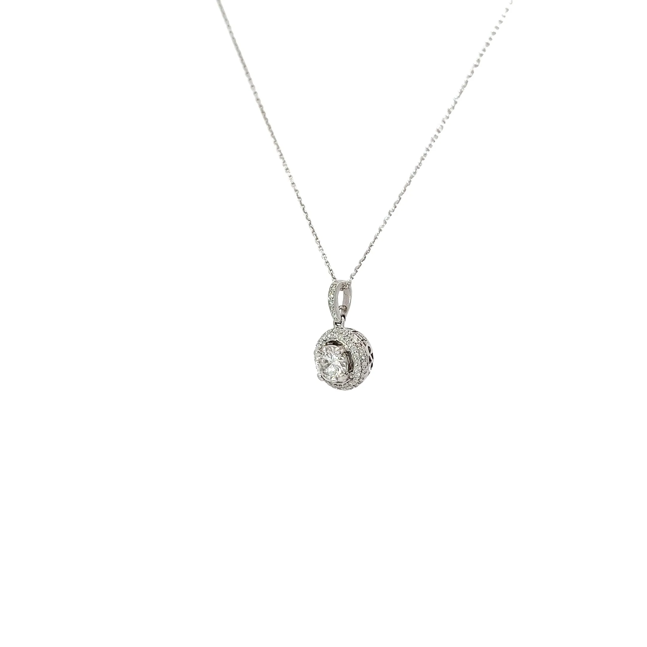 18k White Gold .61ct Center Round Diamond and along Halo .32ct G VS2 Round Diamond Solitaire Necklace