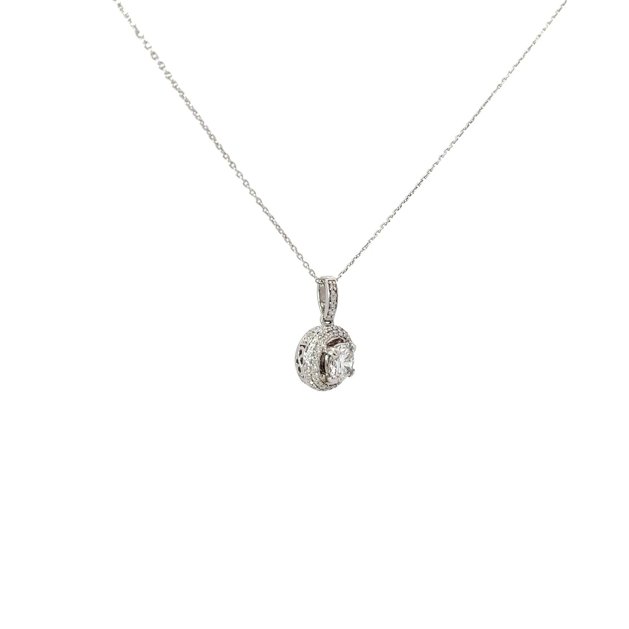 18k White Gold .61ct Center Round Diamond and along Halo .32ct G VS2 Round Diamond Solitaire Necklace