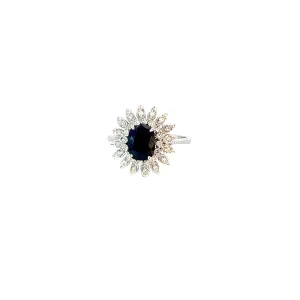18k White Gold Vintage 1.50ct  Oval Blue Sapphire and .38ct G VS2 Round Diamond ring