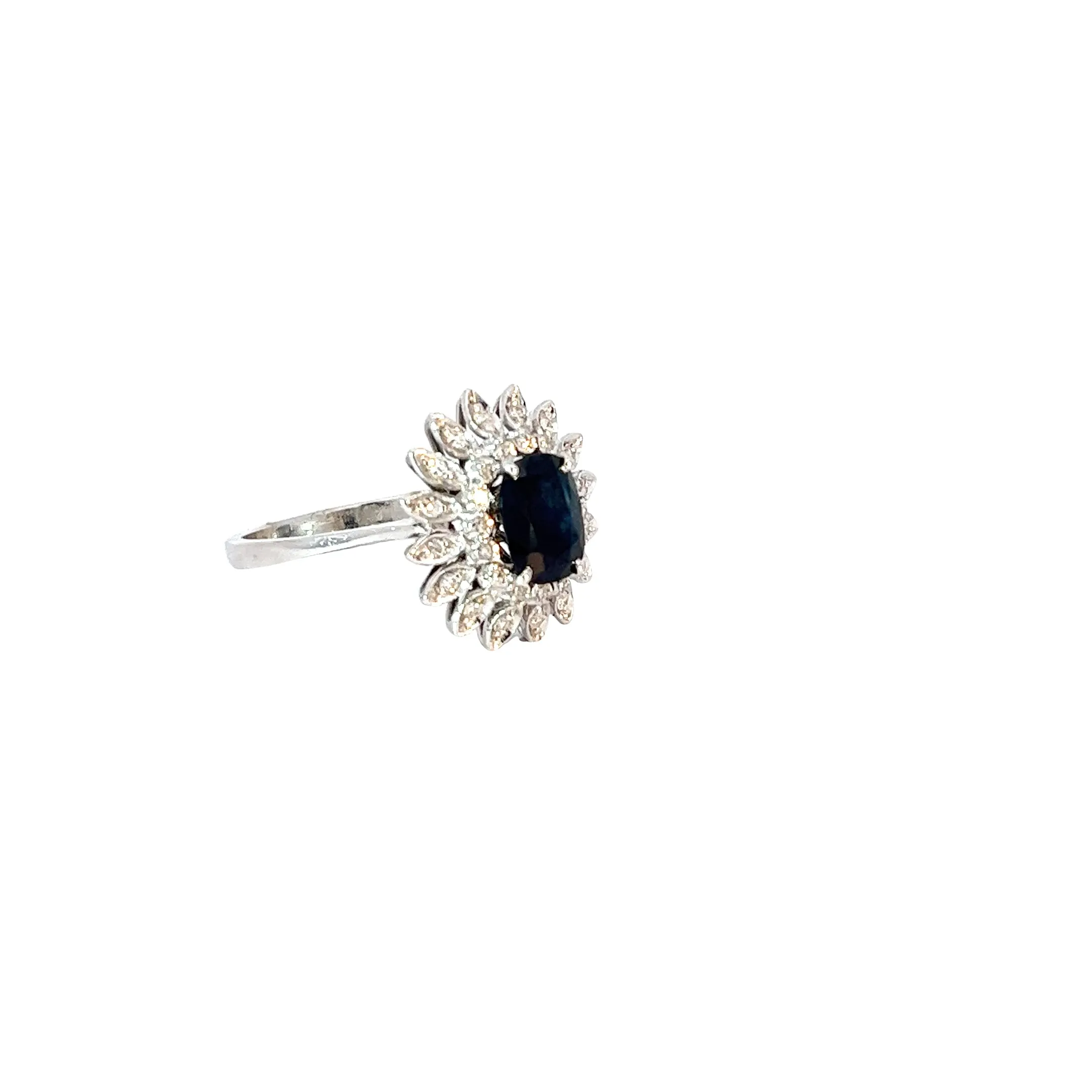 18k White Gold Vintage 1.50ct  Oval Blue Sapphire and .38ct G VS2 Round Diamond ring