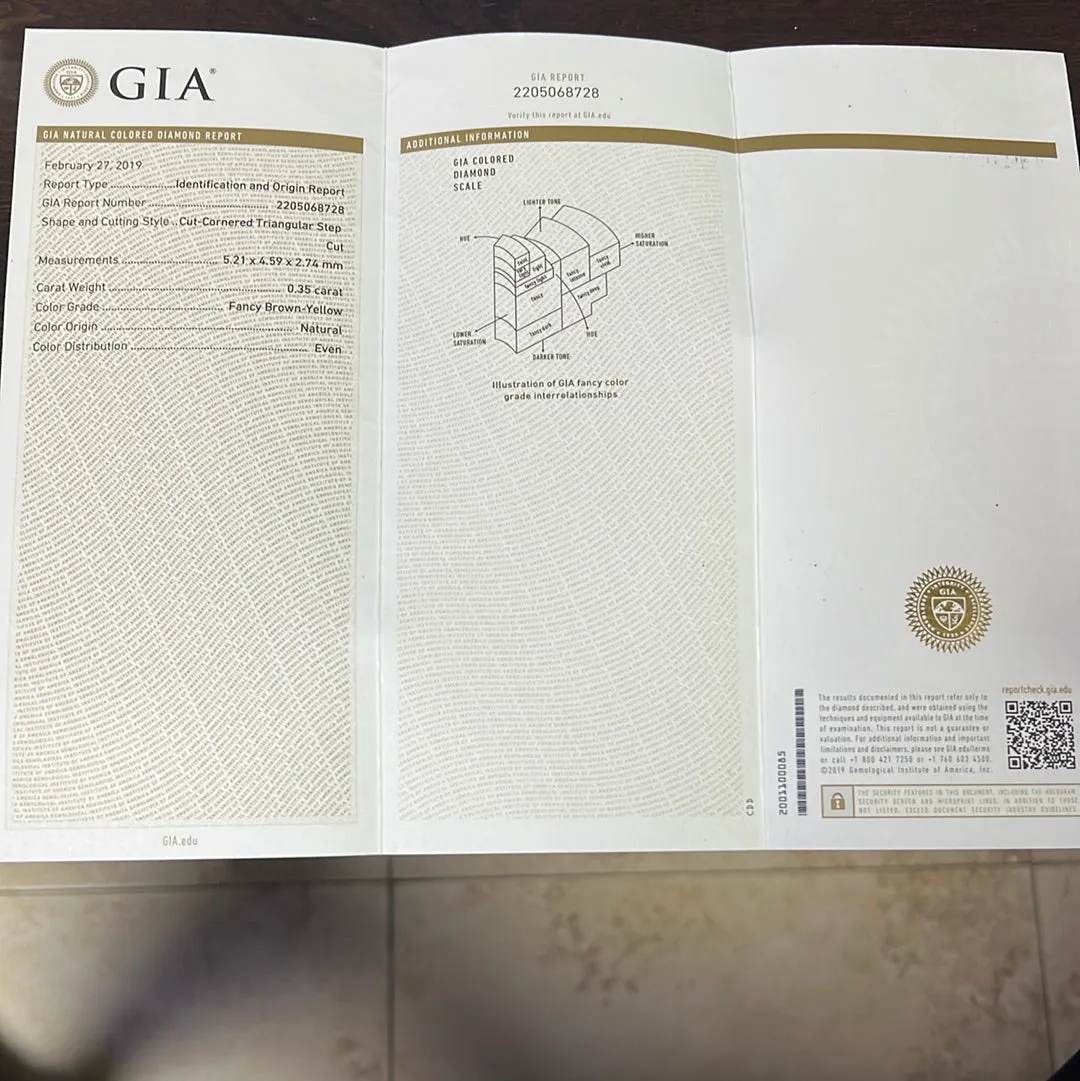 18k White Gold.35ct Fancy Brown Yellow Trillion Shape Chocolate Diamond and .35ct F VS2 Round Diamond Engagement Ring Certified By GIA #2205068728