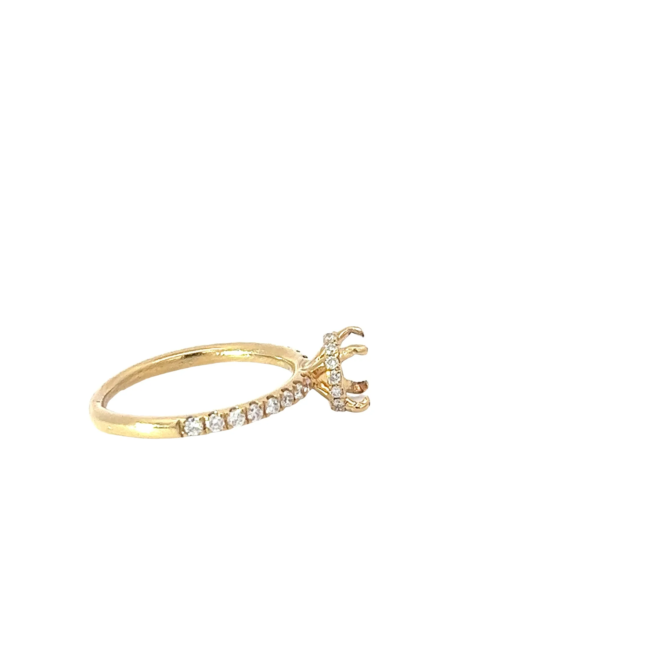 18K YELLOW GOLD .35CT F VS2 SOLITARE MOUNTING FOR 1 CT ROUND DIAMOND WITH THIN DIAMOND SHANK AND UNDER HALO