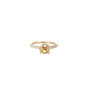 18K YELLOW GOLD .35CT F VS2 SOLITARE MOUNTING FOR 1 CT ROUND DIAMOND WITH THIN DIAMOND SHANK AND UNDER HALO