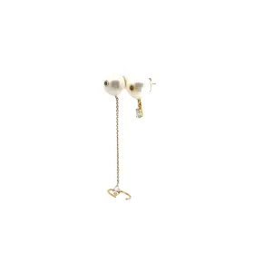 18K YELLOW GOLD .75CT PEAR SHAPE DIAMOND AND .10CT COLOMBIAN EMERALD BUTTON PEARL EARRING 13.5MM