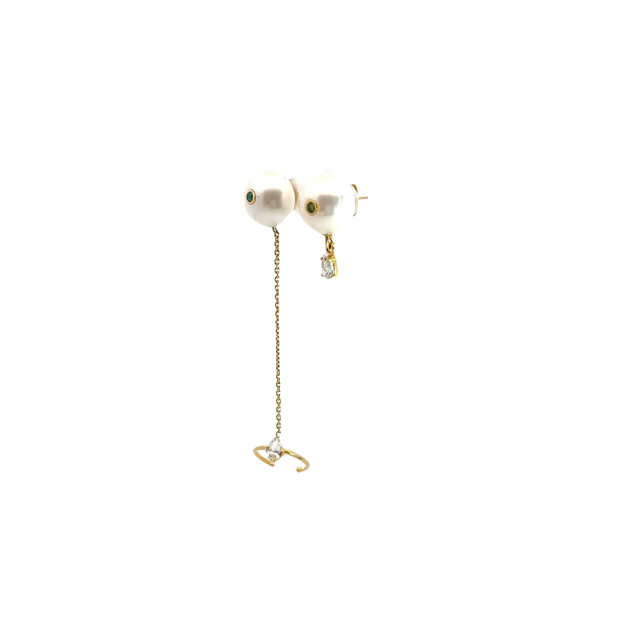 18K YELLOW GOLD .75CT PEAR SHAPE DIAMOND AND .10CT COLOMBIAN EMERALD BUTTON PEARL EARRING 13.5MM