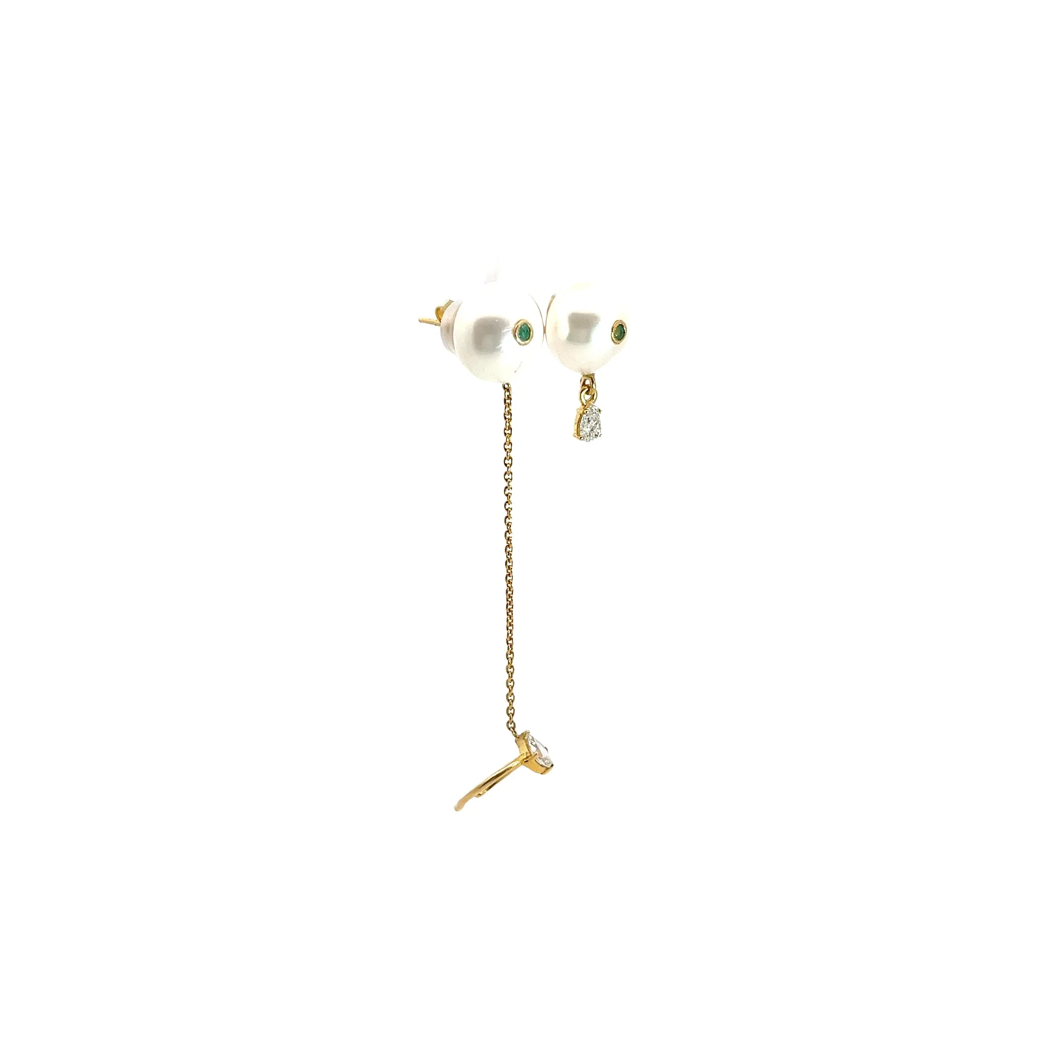 18K YELLOW GOLD .75CT PEAR SHAPE DIAMOND AND .10CT COLOMBIAN EMERALD BUTTON PEARL EARRING 13.5MM