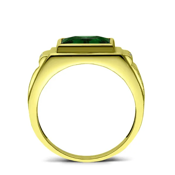 18K Yellow Gold Plated Man Statement Emerald Ring 2 Diamonds Luxurious Jewelry
