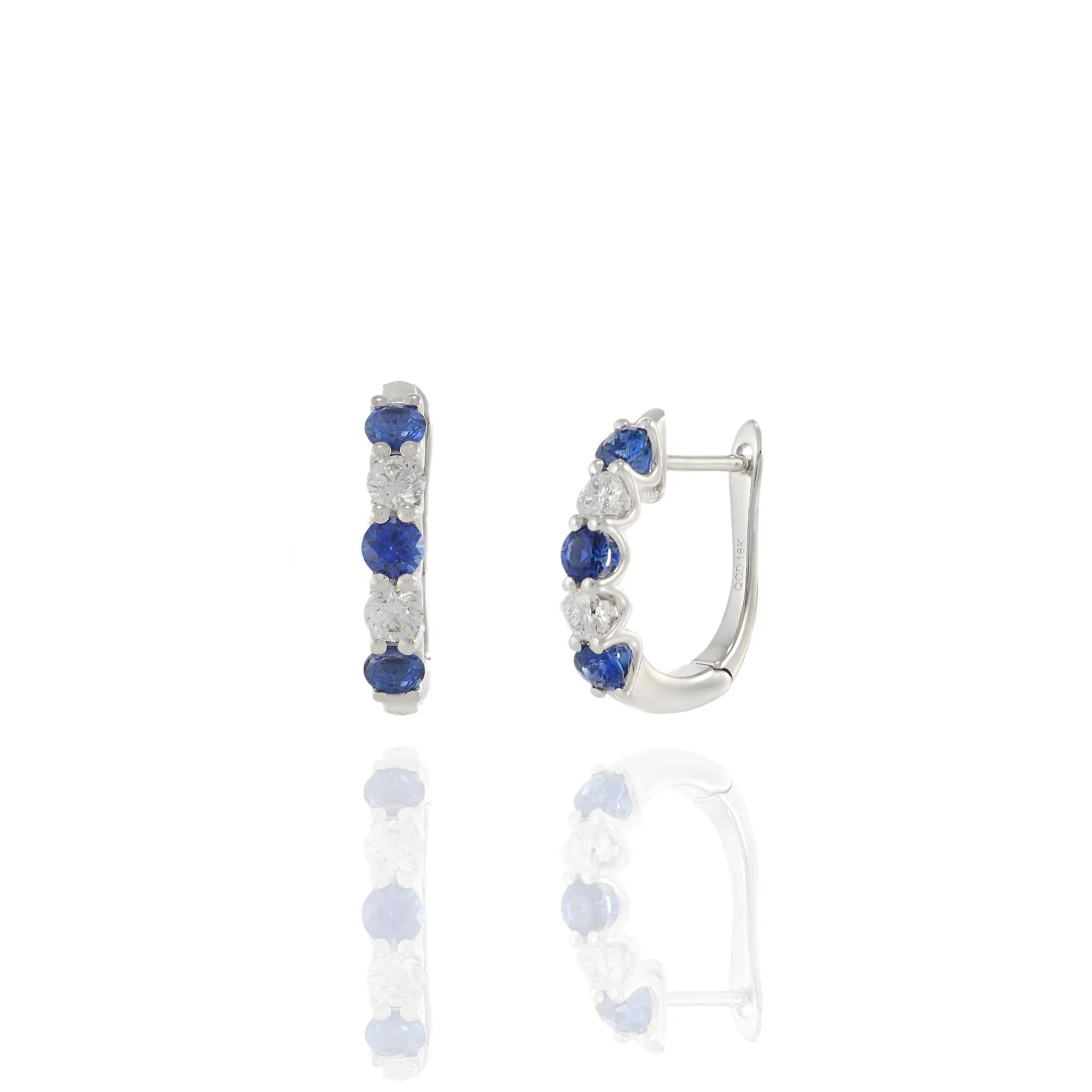 18KT White Gold Huggie Earrings with Alternating Round Cut Diamonds and Blue Sapphires