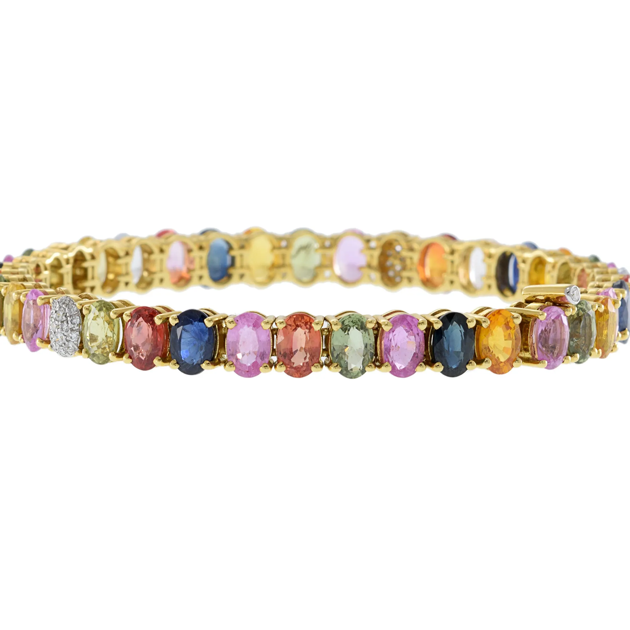 18KT Yellow Gold Bracelet with Round Cut Diamonds and Oval Multi-Color Sapphires