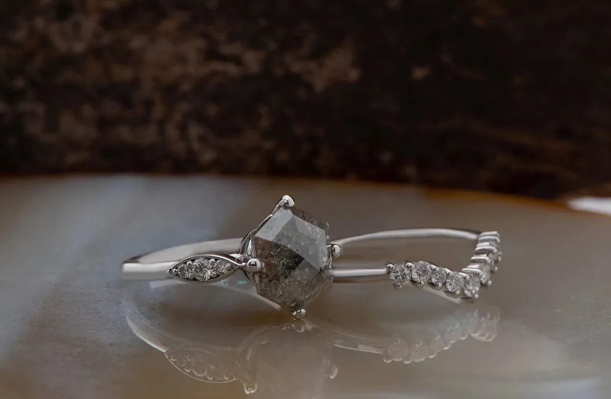 1.90 ct Salt and pepper alternative hexagon diamond engagement ring - 14k 18K White Gold