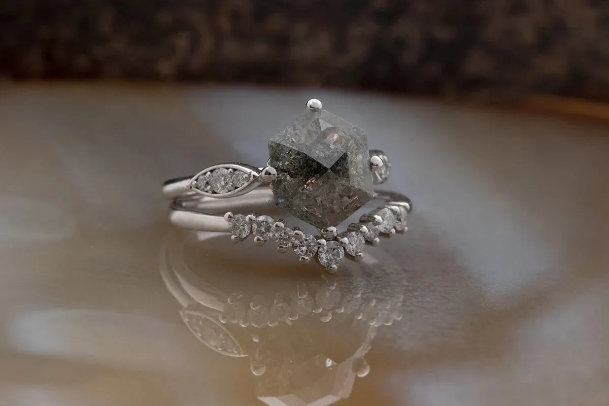 1.90 ct Salt and pepper alternative hexagon diamond engagement ring - 14k 18K White Gold