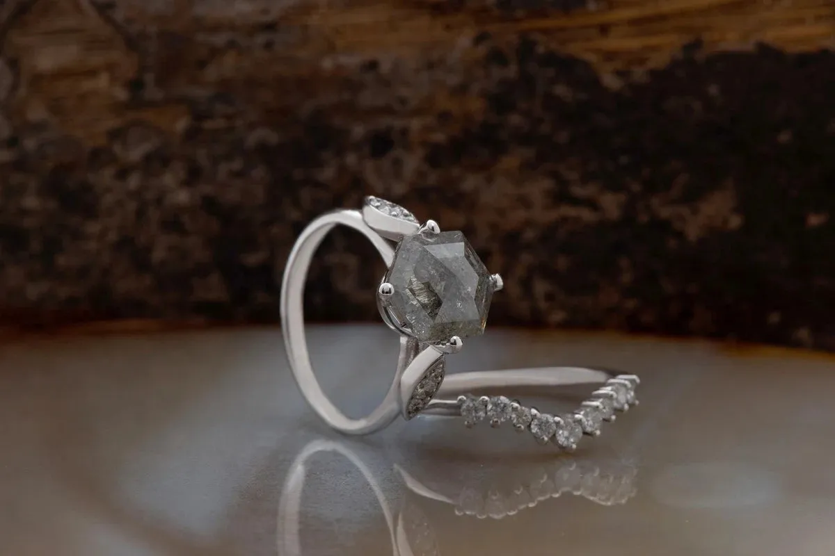 1.90 ct Salt and pepper alternative hexagon diamond engagement ring - 14k 18K White Gold