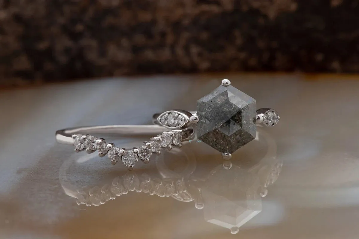 1.90 ct Salt and pepper alternative hexagon diamond engagement ring - 14k 18K White Gold