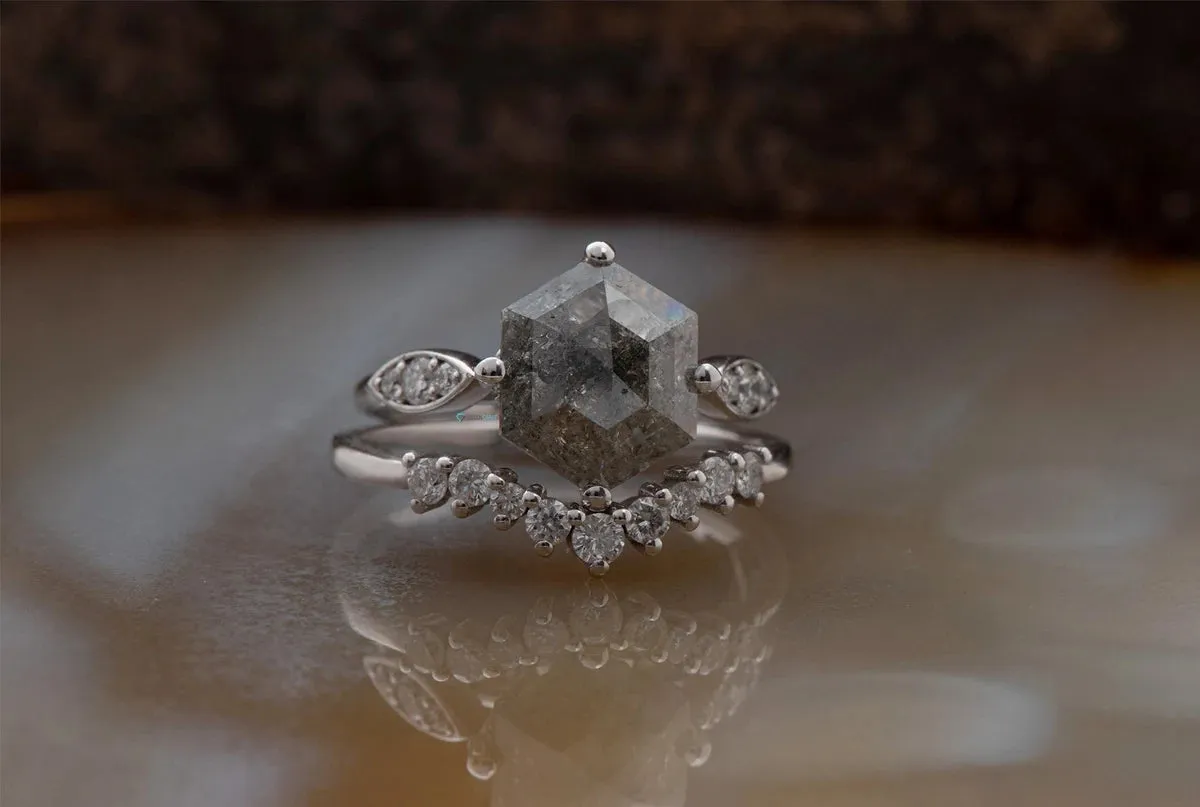 1.90 ct Salt and pepper alternative hexagon diamond engagement ring - 14k 18K White Gold
