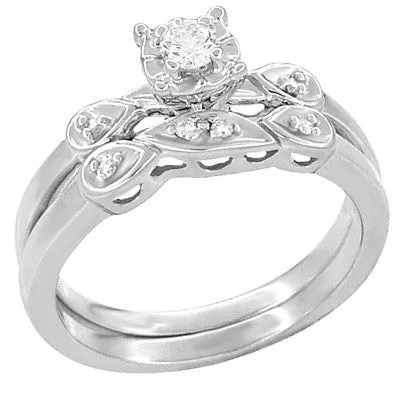 1950's Retro Moderne White Sapphire Bridal Ring Set in 14 Karat White Gold