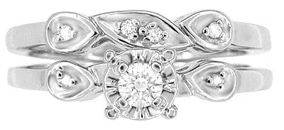 1950's Retro Moderne White Sapphire Bridal Ring Set in 14 Karat White Gold