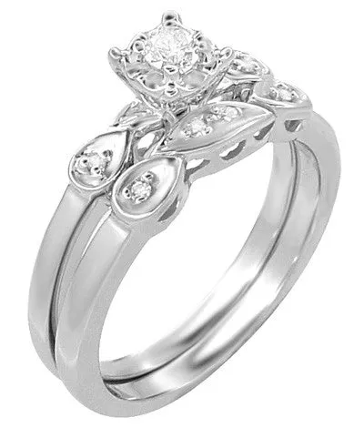 1950's Retro Moderne White Sapphire Bridal Ring Set in 14 Karat White Gold