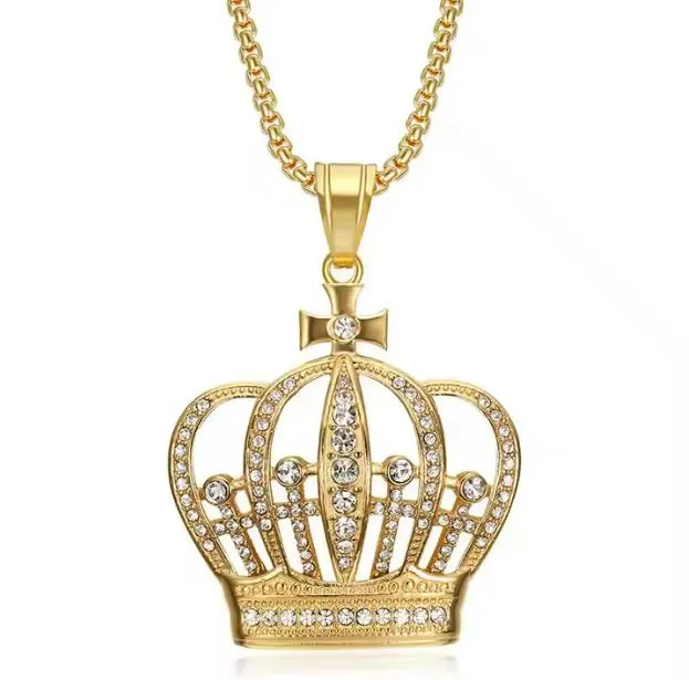 24" Crown Pendant Necklace with Zircon 18K Gold Plated Stainless Steel Jewelry