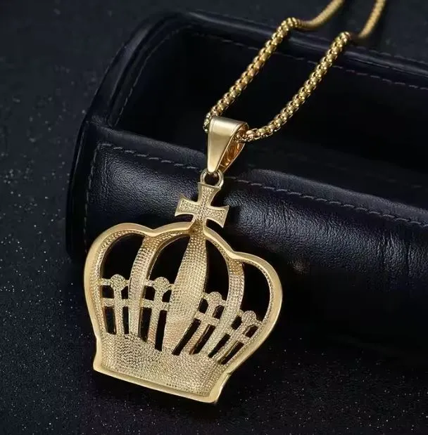 24" Crown Pendant Necklace with Zircon 18K Gold Plated Stainless Steel Jewelry