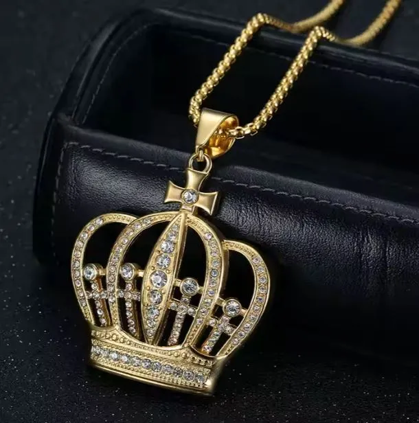 24" Crown Pendant Necklace with Zircon 18K Gold Plated Stainless Steel Jewelry
