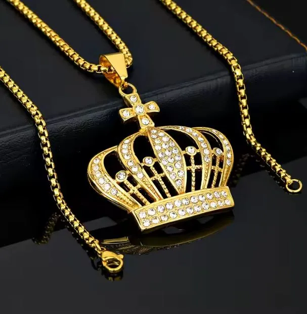 24" Crown Pendant Necklace with Zircon 18K Gold Plated Stainless Steel Jewelry