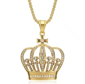 24" Crown Pendant Necklace with Zircon 18K Gold Plated Stainless Steel Jewelry
