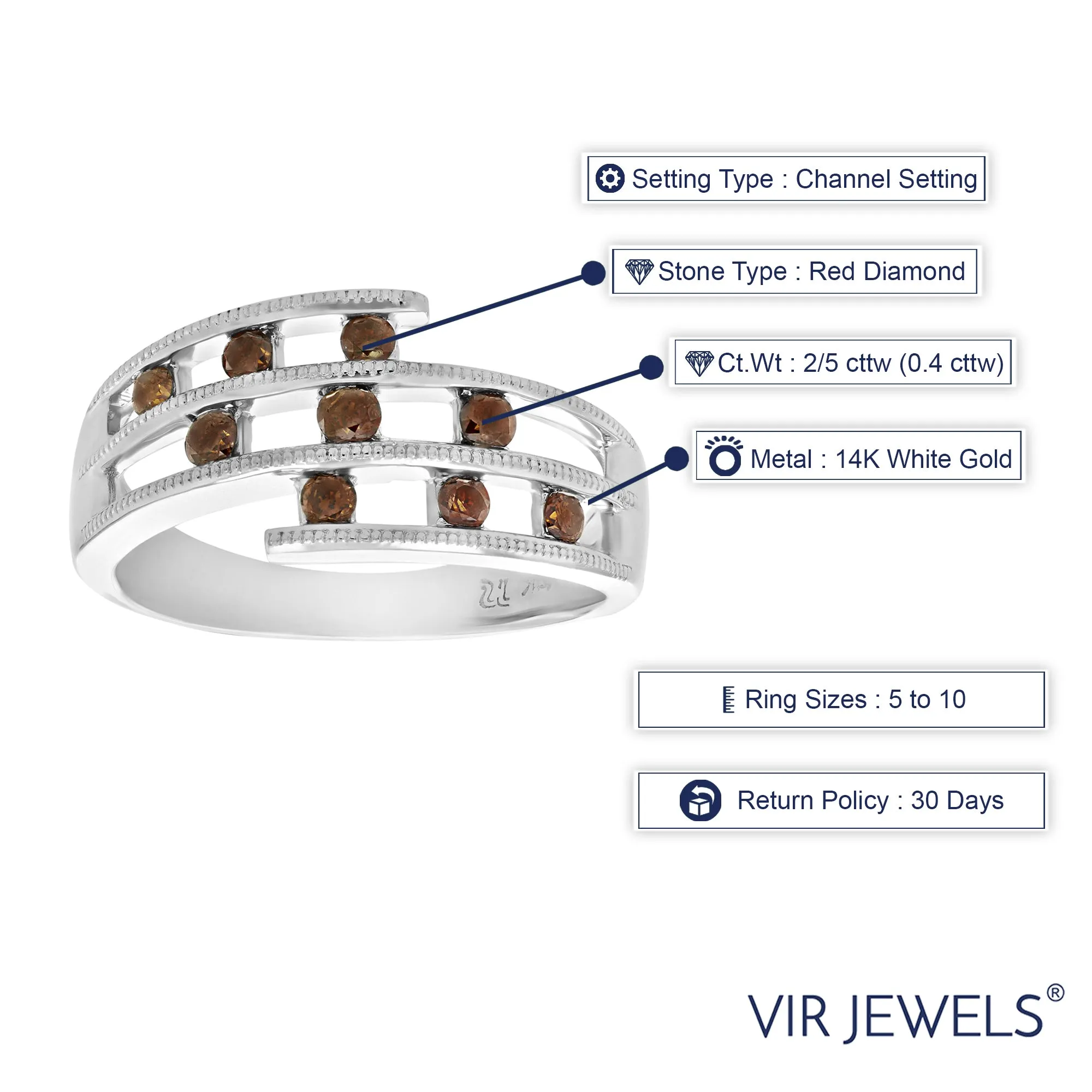 2/5 cttw Three Row Red Diamond Engagement Ring in 14K White Gold