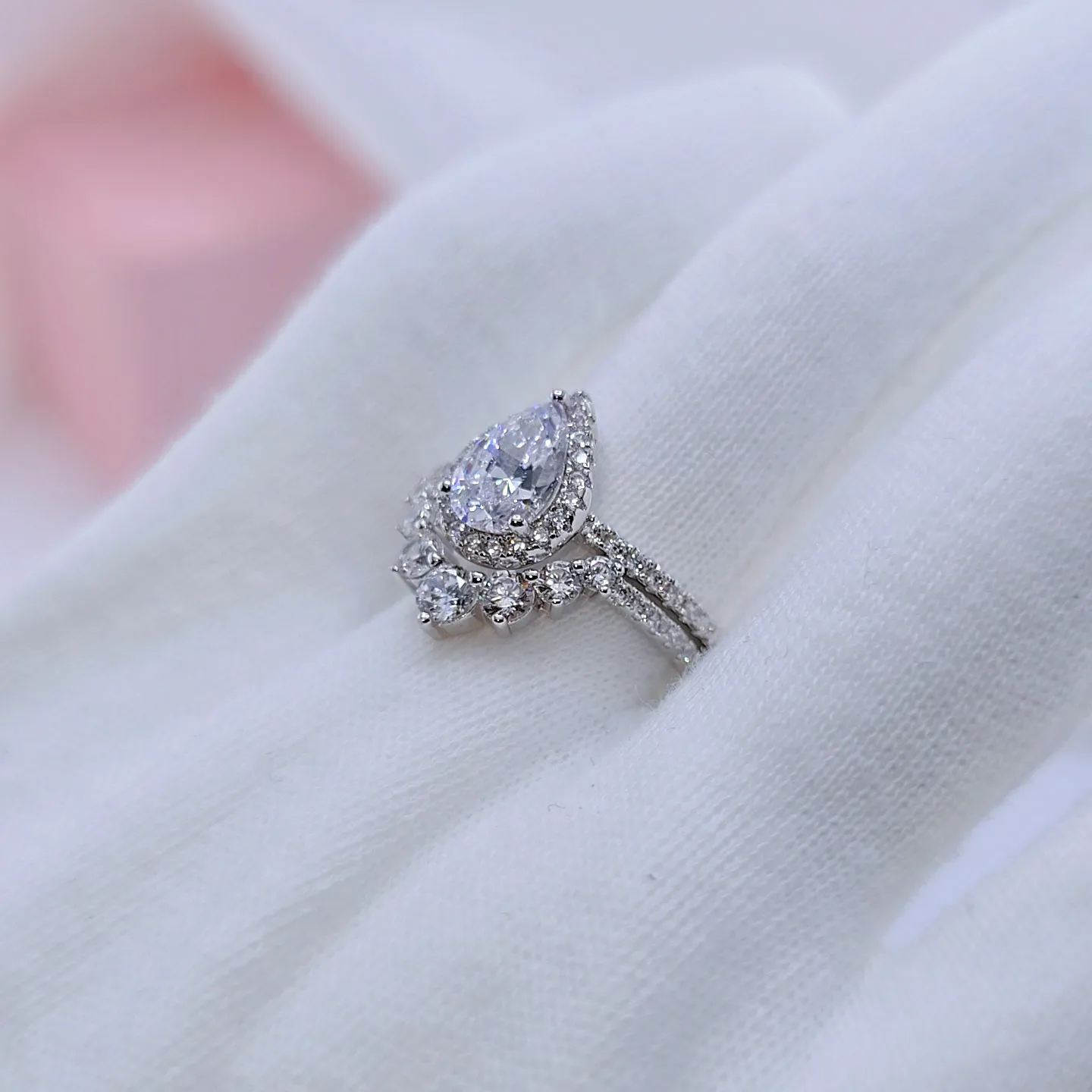 2.7Ct Halo Pear Cut Diamond Engagement Ring Set
