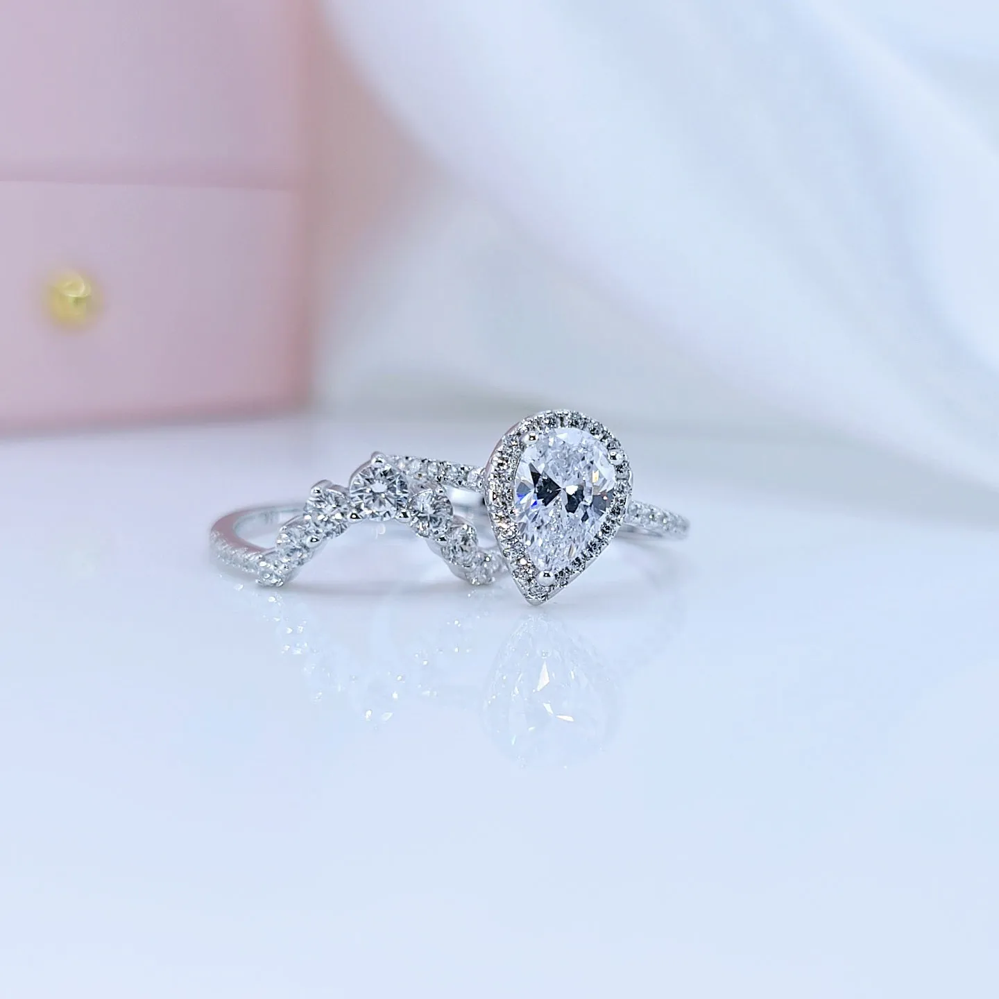2.7Ct Halo Pear Cut Diamond Engagement Ring Set