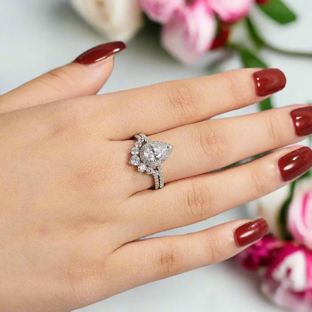 2.7Ct Halo Pear Cut Diamond Engagement Ring Set