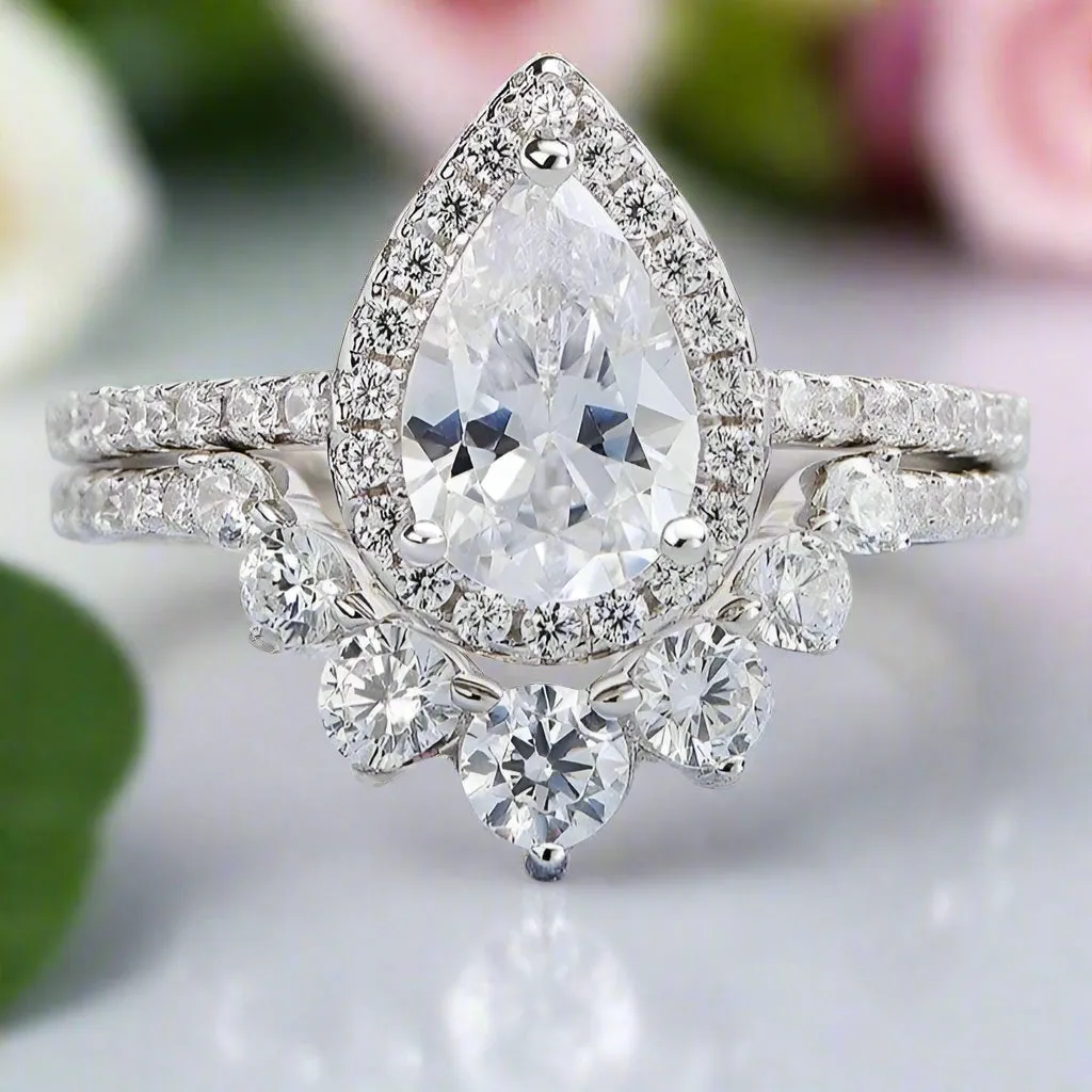 2.7Ct Halo Pear Cut Diamond Engagement Ring Set