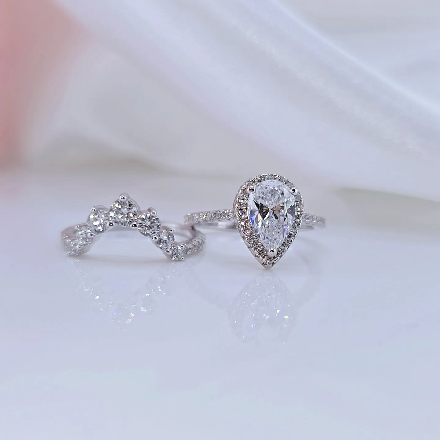 2.7Ct Halo Pear Cut Diamond Engagement Ring Set