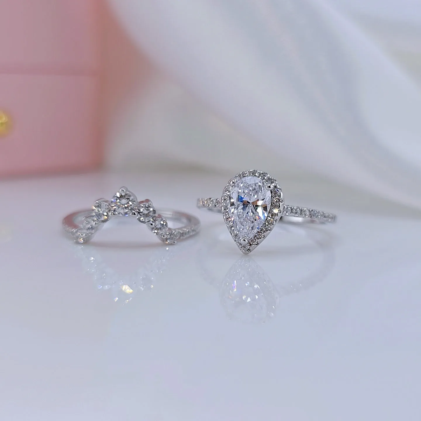 2.7Ct Halo Pear Cut Diamond Engagement Ring Set