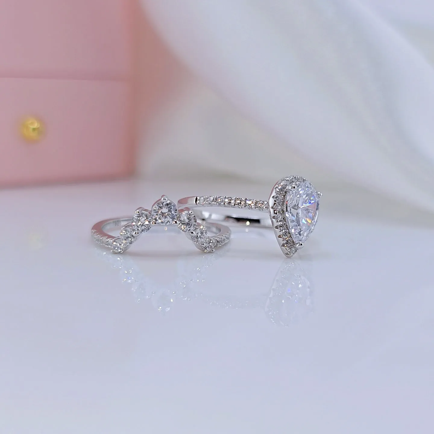 2.7Ct Halo Pear Cut Diamond Engagement Ring Set
