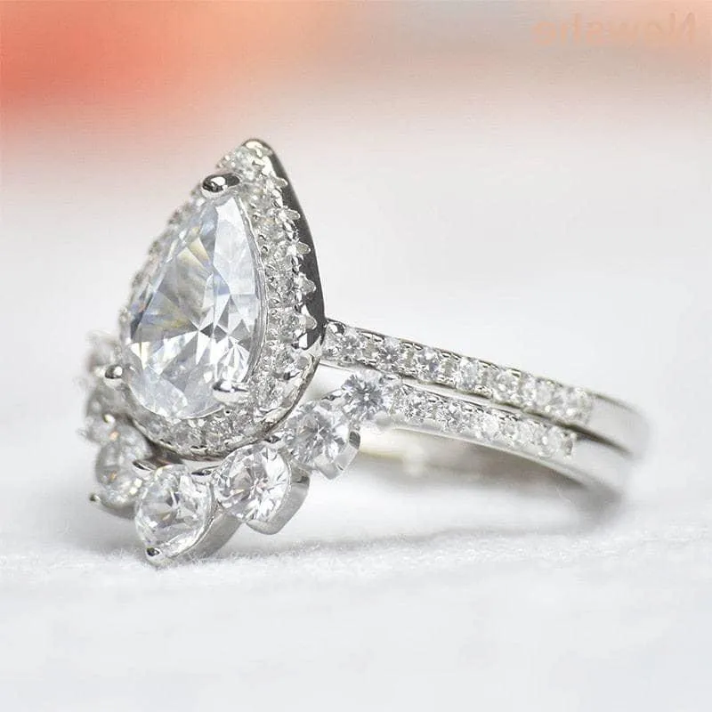 2.7Ct Halo Pear Cut Diamond Engagement Ring Set