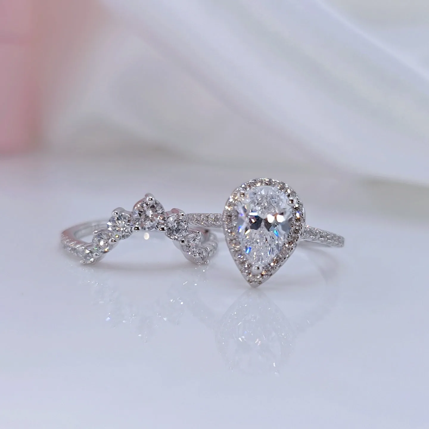 2.7Ct Halo Pear Cut Diamond Engagement Ring Set