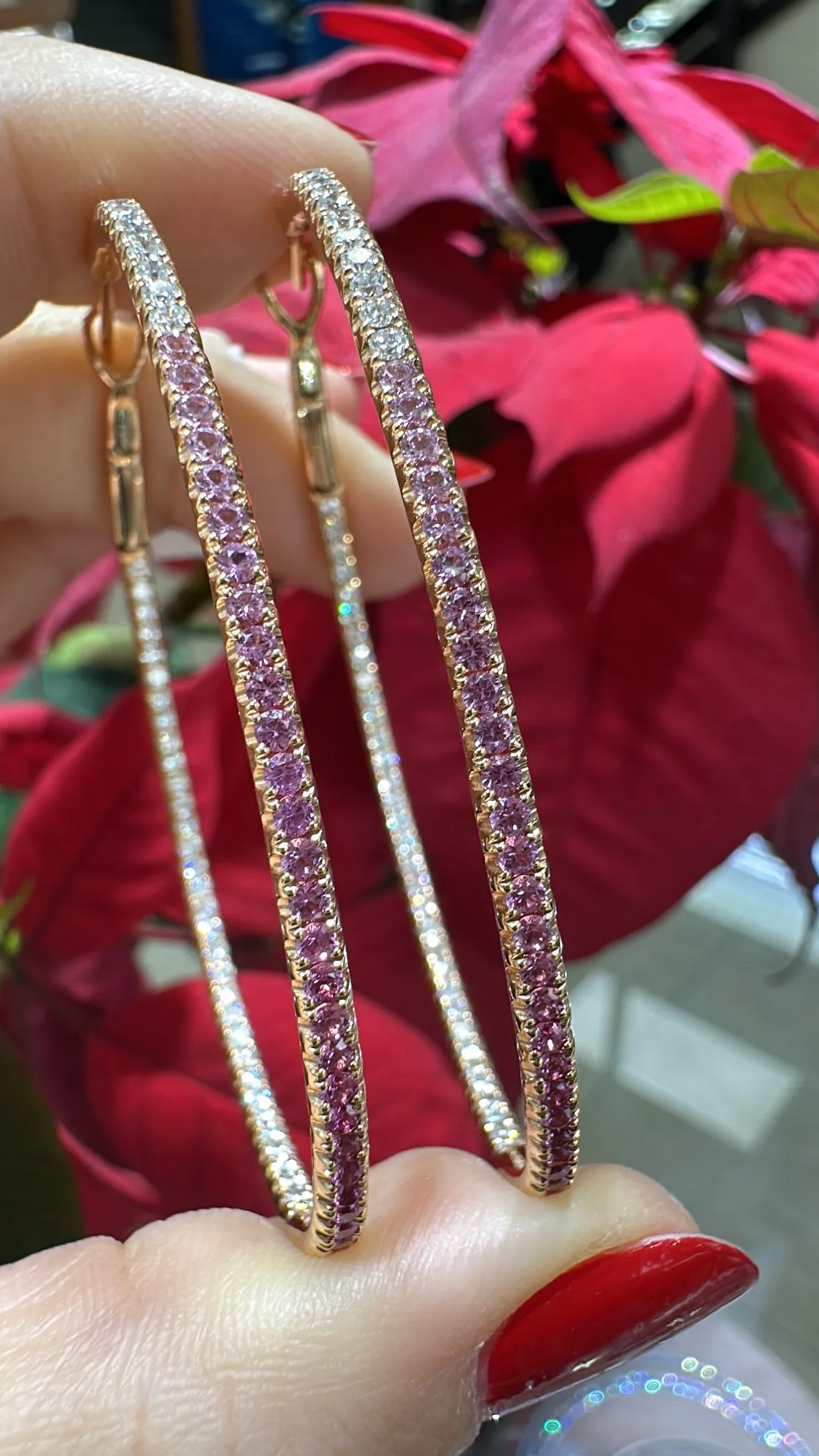 3.06ct tw Pink Sapphire & Inside-out Diamond Gold Hoop Earrings